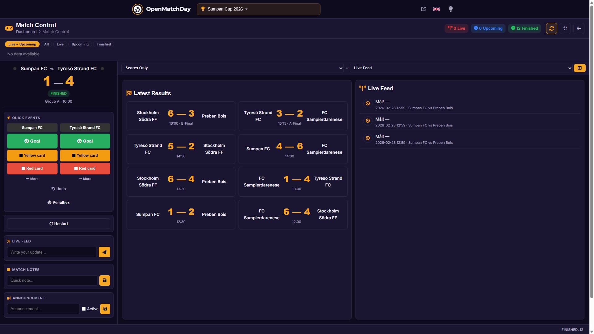 OpenMatchDay Match Control command center with split-screen view