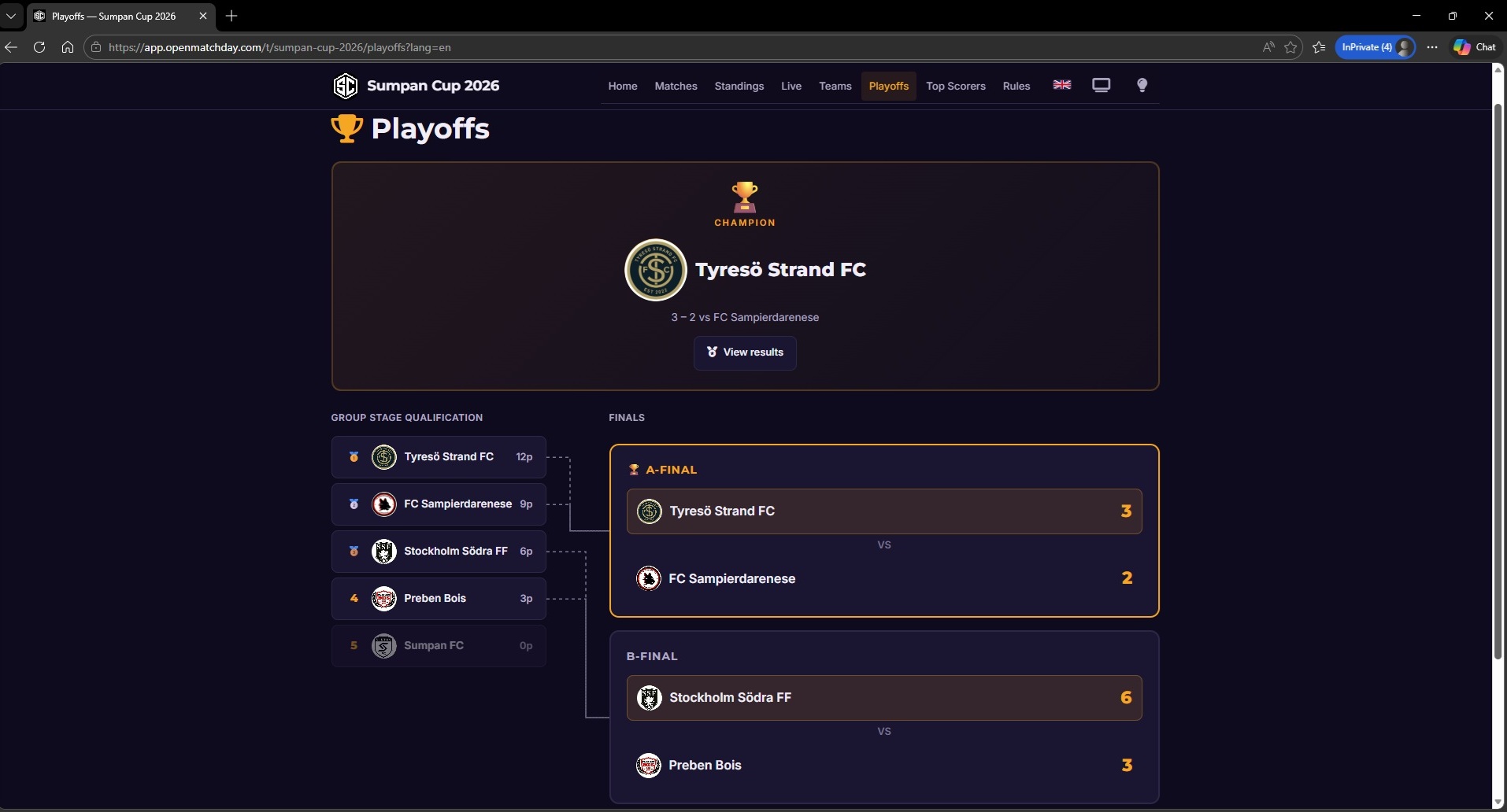 OpenMatchDay playoff bracket with champion display
