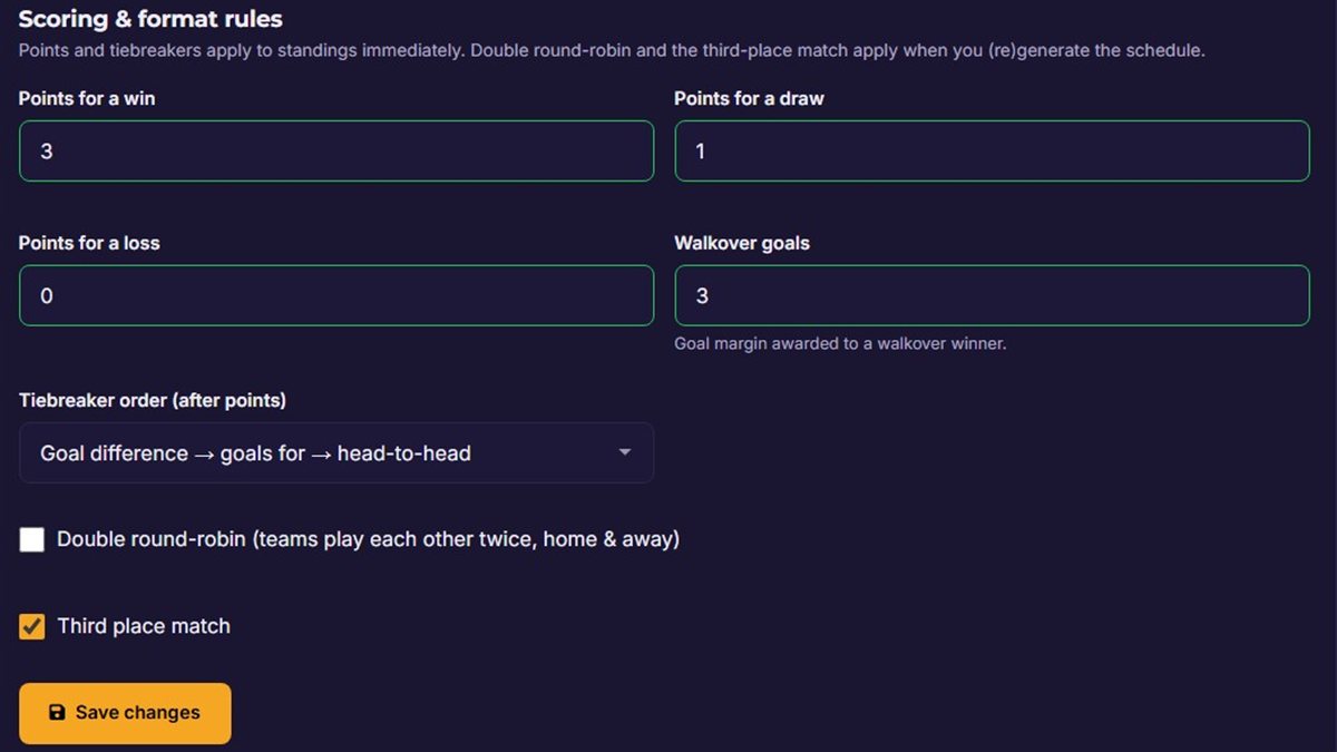 OpenMatchDay match setup settings with configurable points, tiebreaker order, double round-robin and third-place match options
