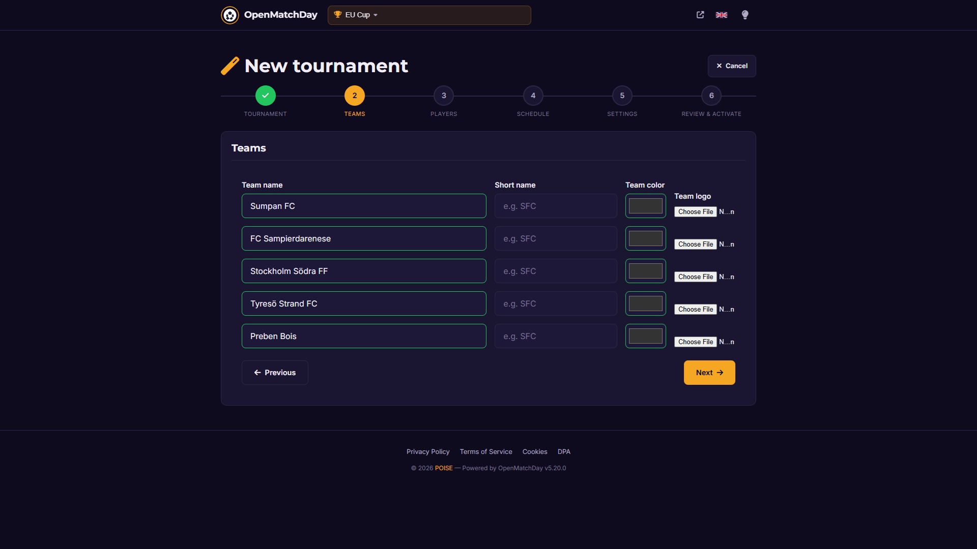 OpenMatchDay tournament setup wizard showing team creation