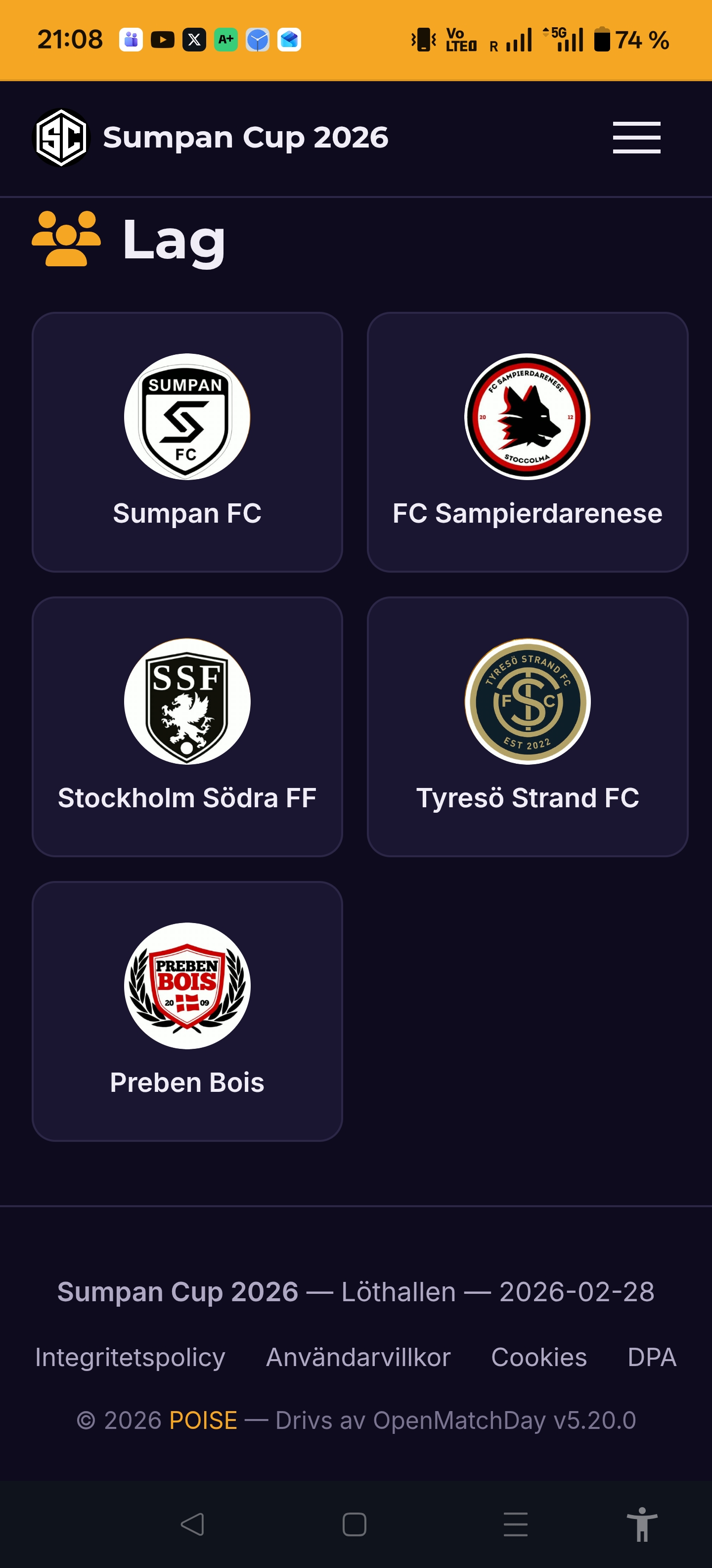 OpenMatchDay mobile view showing teams with logos
